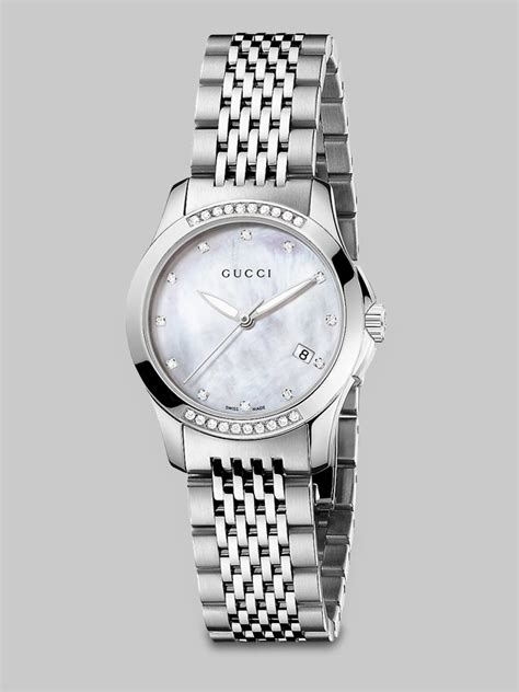 gucci g-timeless diamond mother-of-pearl & stainless steel bracelet watch